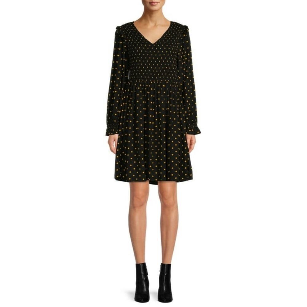 BEACHLUNCHLOUNGE ~ Black and Yellow Polka Dot Babydoll Dress w/Ruffle Detail ~XL